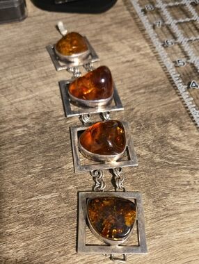 Huge Cognac Amber Nugget Sterling Silver Geometric High Profile Bracelet 8 Inch